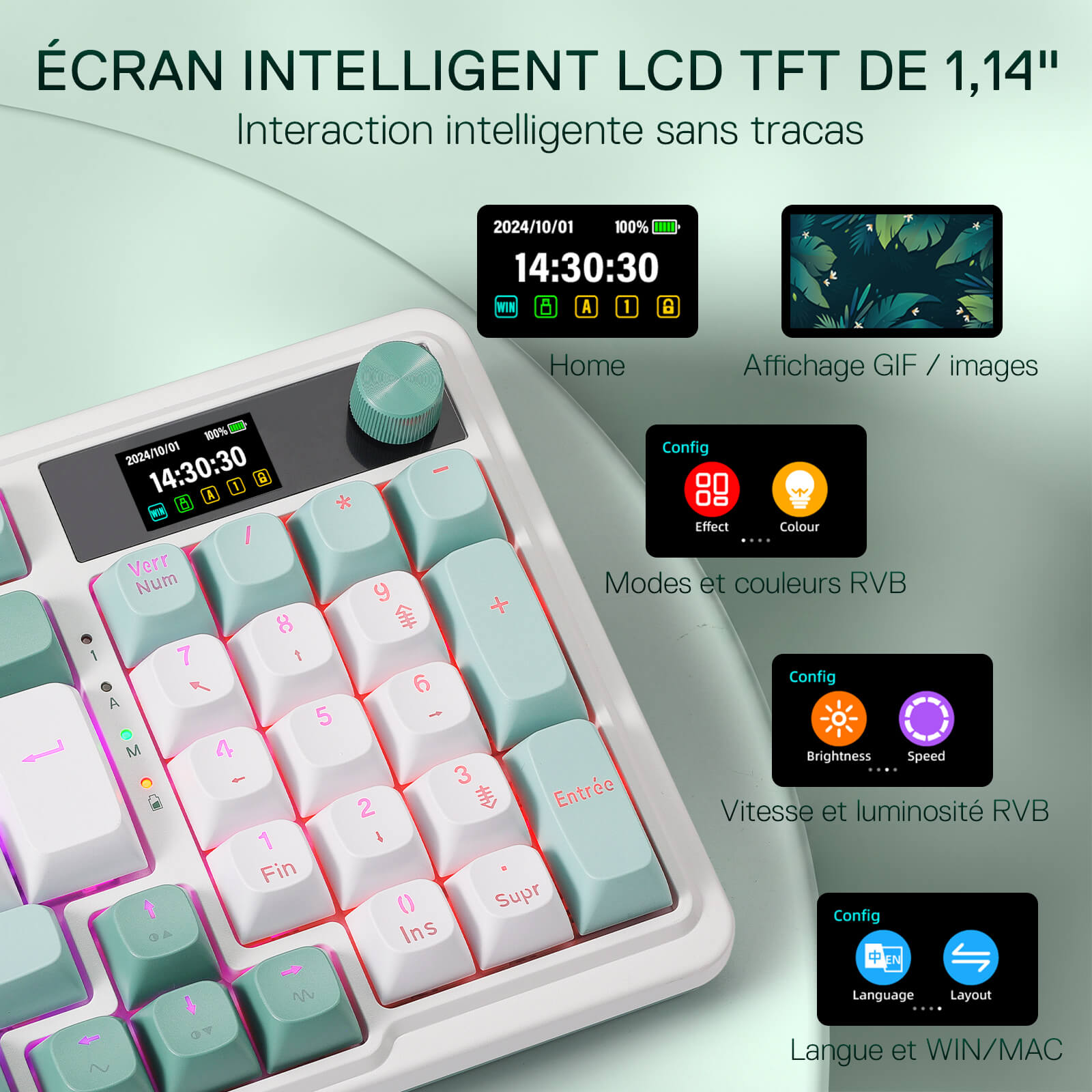 Clavier gaming sans fil Redragon K719 avec écran Hype et molette, clavier mécanique à 95 touches, écran d'information TFT 1,14 pouces facile à contrôler, isolation phonique à 5 couches, commutateurs linéaires personnalisés, couleur Jade Cloud