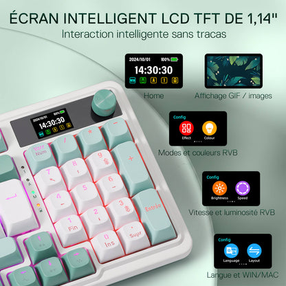 Clavier gaming sans fil Redragon K719 avec écran Hype et molette, clavier mécanique à 95 touches, écran d'information TFT 1,14 pouces facile à contrôler, isolation phonique à 5 couches, commutateurs linéaires personnalisés, couleur Jade Cloud