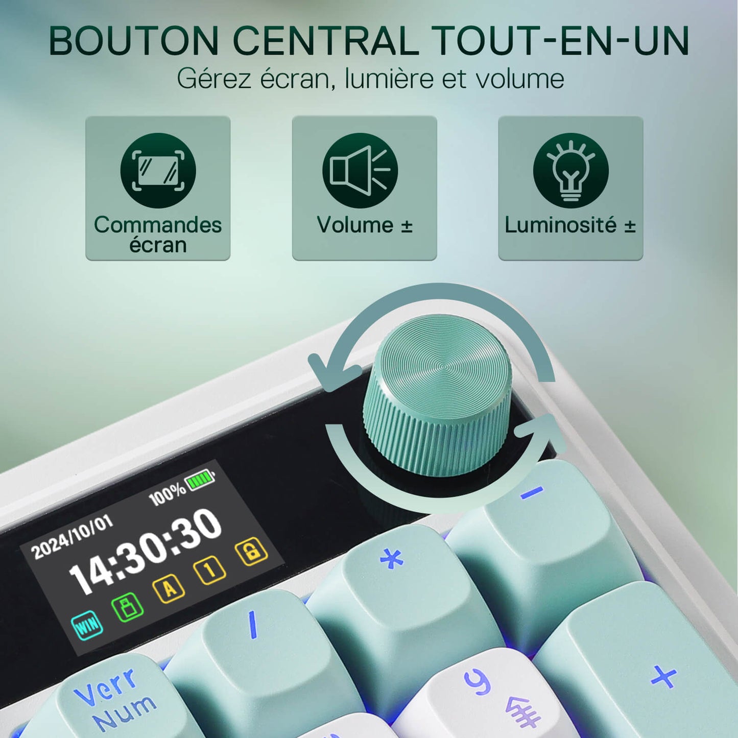 Clavier gaming sans fil Redragon K719 avec écran Hype et molette, clavier mécanique à 95 touches, écran d'information TFT 1,14 pouces facile à contrôler, isolation phonique à 5 couches, commutateurs linéaires personnalisés, couleur Jade Cloud