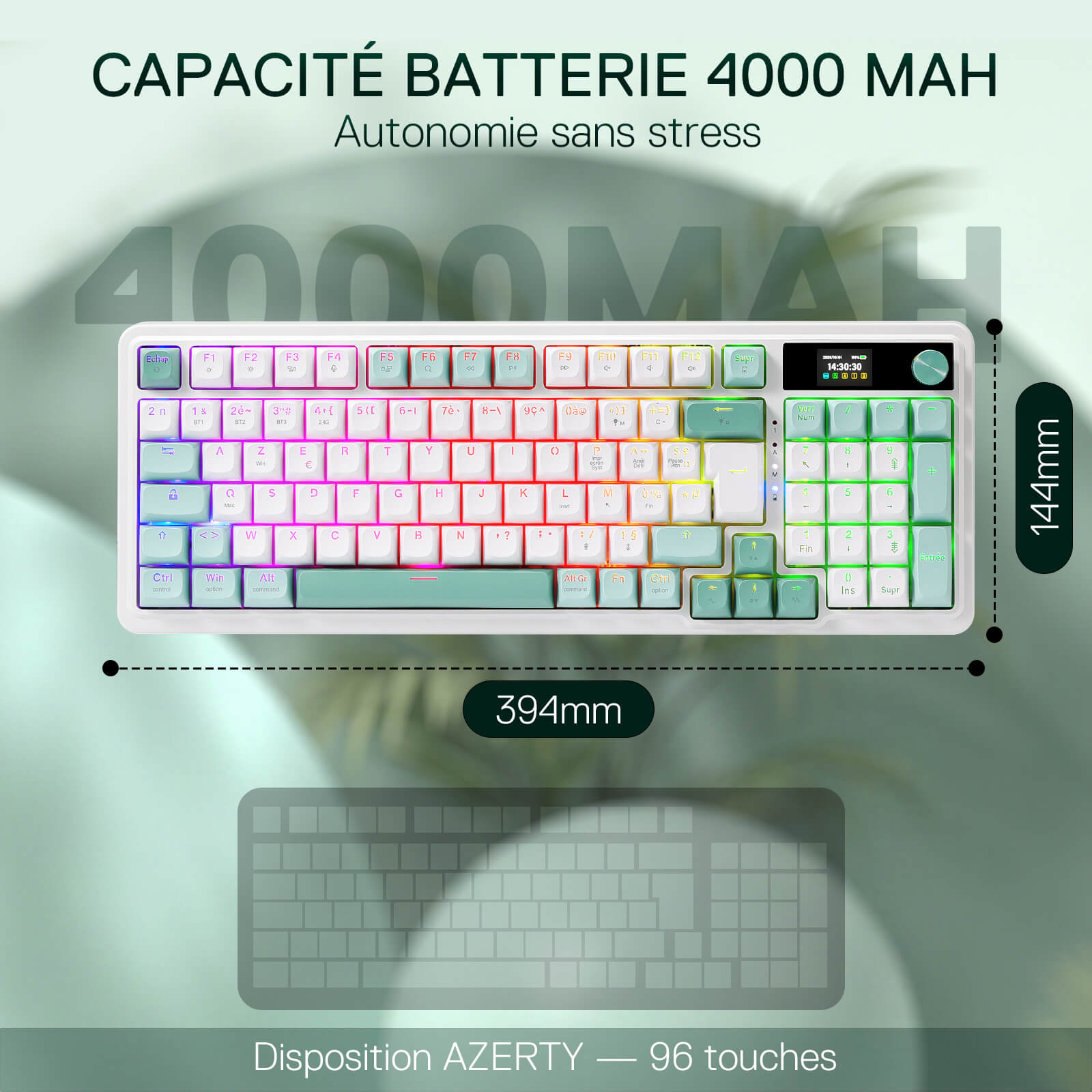 Clavier gaming sans fil Redragon K719 avec écran Hype et molette, clavier mécanique à 95 touches, écran d'information TFT 1,14 pouces facile à contrôler, isolation phonique à 5 couches, commutateurs linéaires personnalisés, couleur Jade Cloud