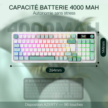 Clavier gaming sans fil Redragon K719 avec écran Hype et molette, clavier mécanique à 95 touches, écran d'information TFT 1,14 pouces facile à contrôler, isolation phonique à 5 couches, commutateurs linéaires personnalisés, couleur Jade Cloud