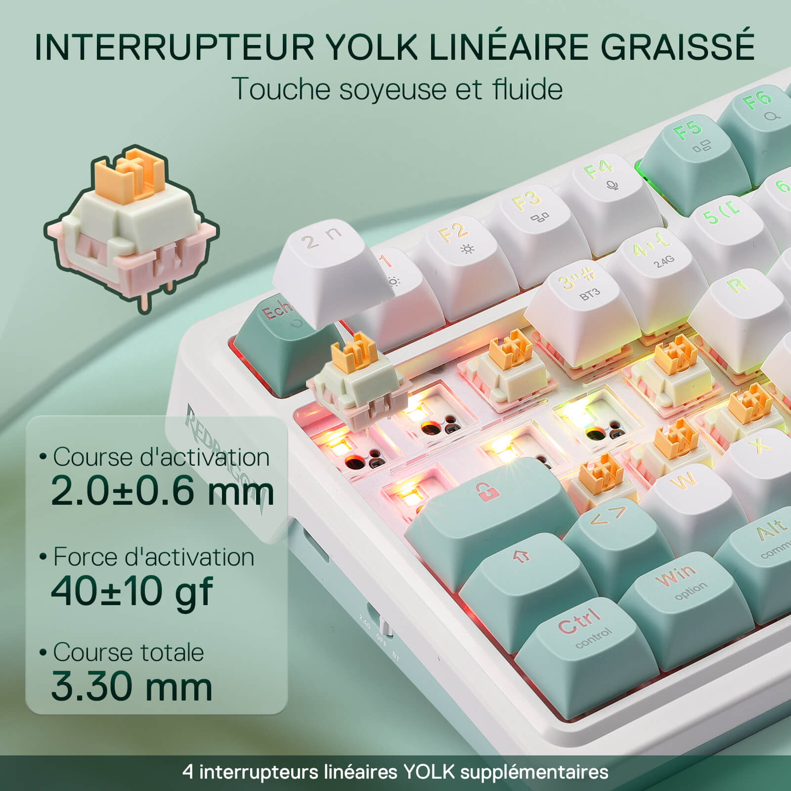 Clavier gaming sans fil Redragon K719 avec écran Hype et molette, clavier mécanique à 95 touches, écran d'information TFT 1,14 pouces facile à contrôler, isolation phonique à 5 couches, commutateurs linéaires personnalisés, couleur Jade Cloud