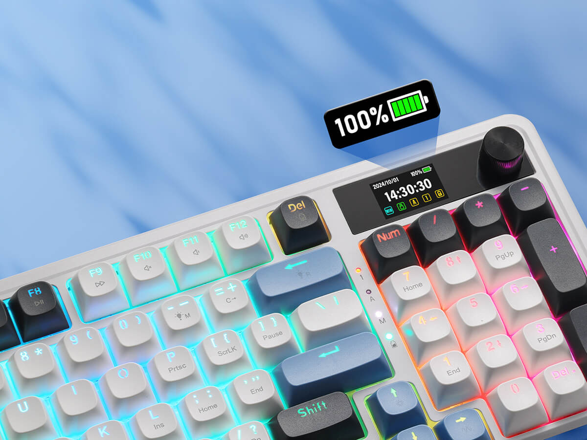 Mechanical keyboard with RGB lighting on a blue gradient background