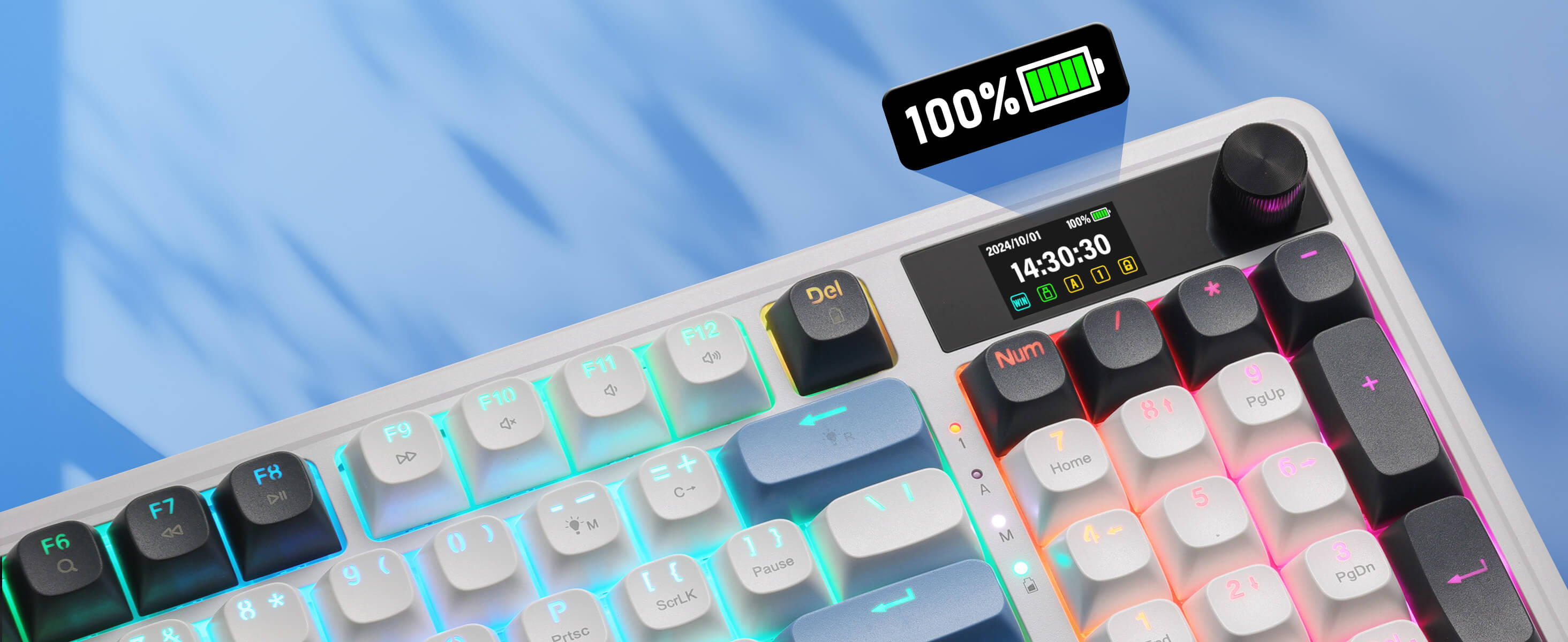 Redragon K719 Colorful mechanical keyboard with digital display on a blue gradient background