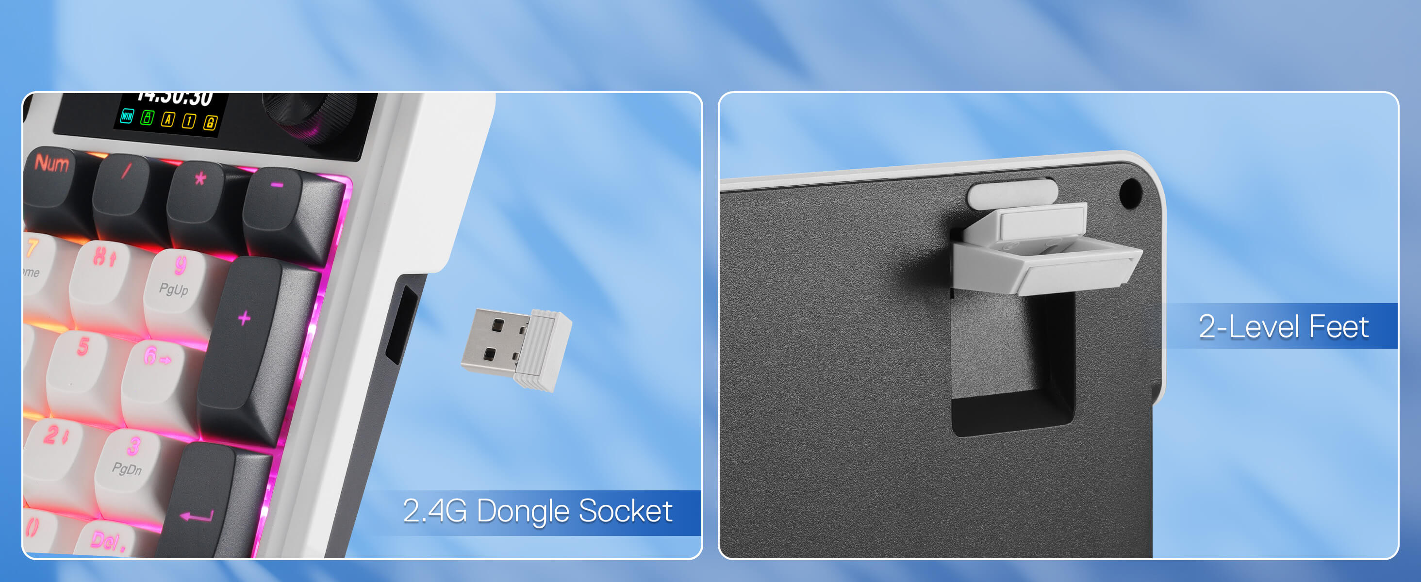 Keyboard components with USB dongle and 2-level feet on a blue gradient background