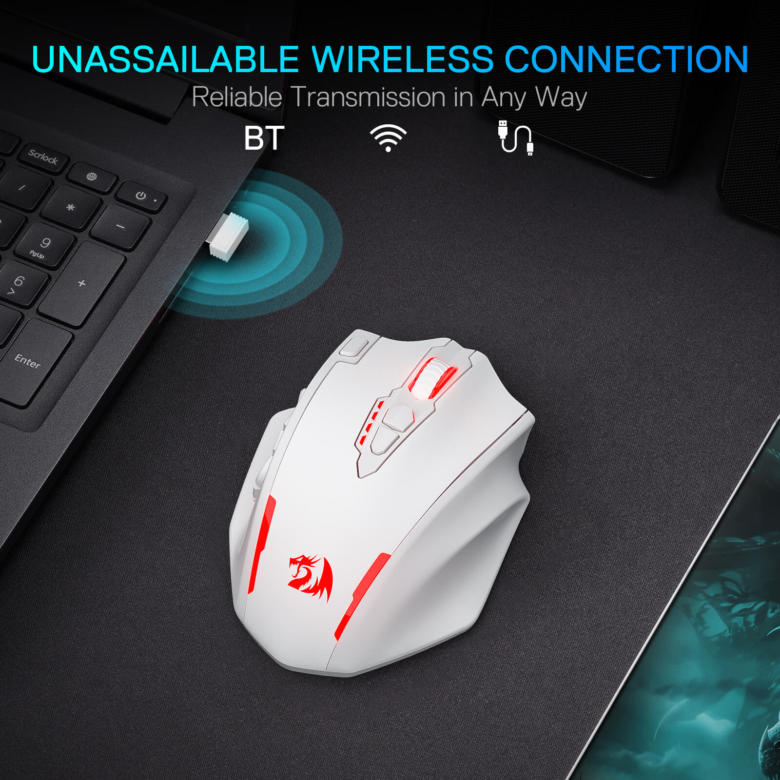 Redragon M913 MAX Wireless Gaming Mouse, 26000 DPI MMO Optical Mouse with 16 Programmable Buttons, BT & 2.4G Wireless, Software Supports DIY Keybinds, White