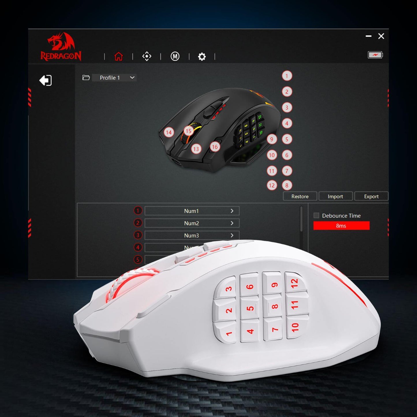 Redragon M913 MAX Wireless Gaming Mouse, 26000 DPI MMO Optical Mouse with 16 Programmable Buttons, BT & 2.4G Wireless, Software Supports DIY Keybinds, White