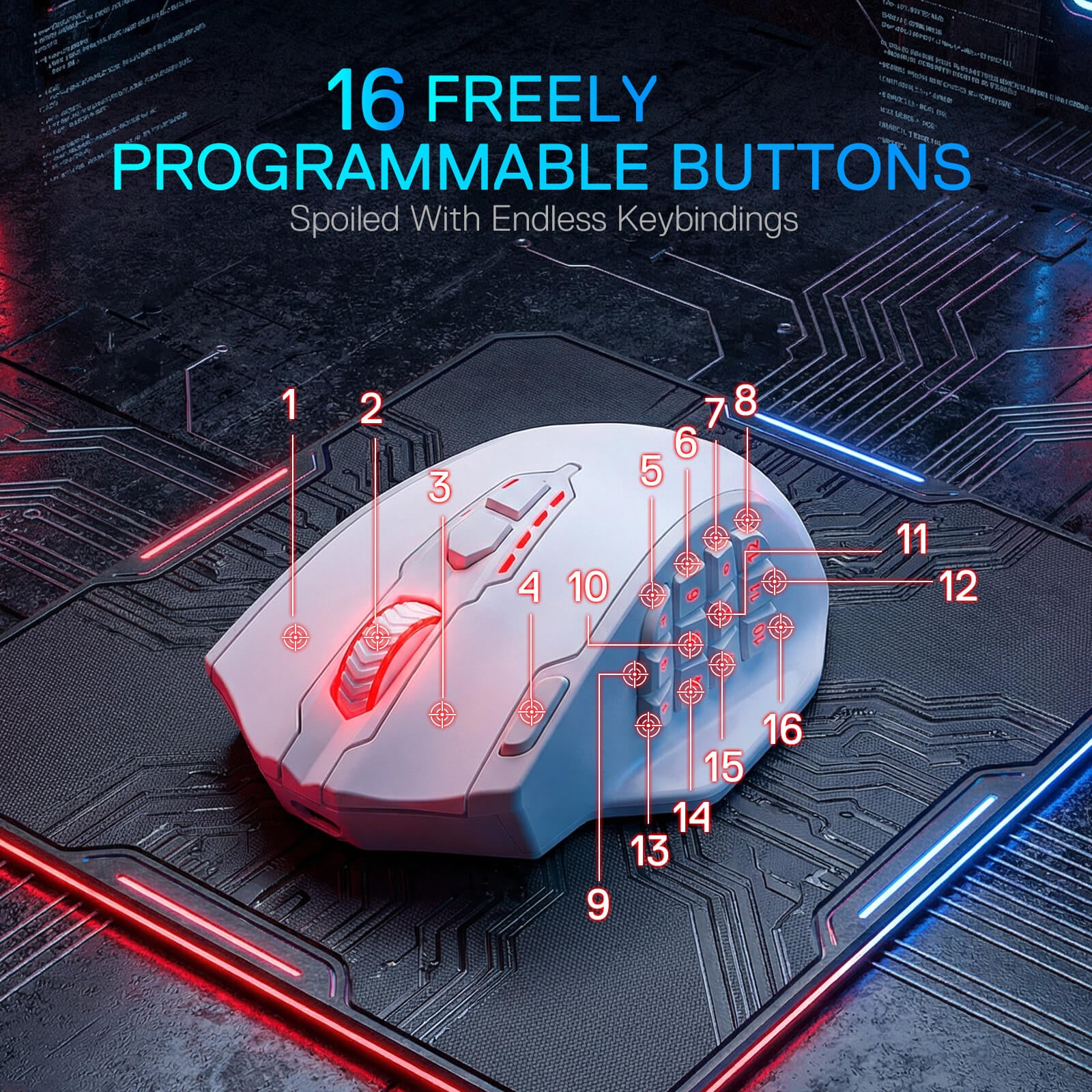 Redragon M913 MAX Wireless Gaming Mouse, 26000 DPI MMO Optical Mouse with 16 Programmable Buttons, BT & 2.4G Wireless, Software Supports DIY Keybinds, White
