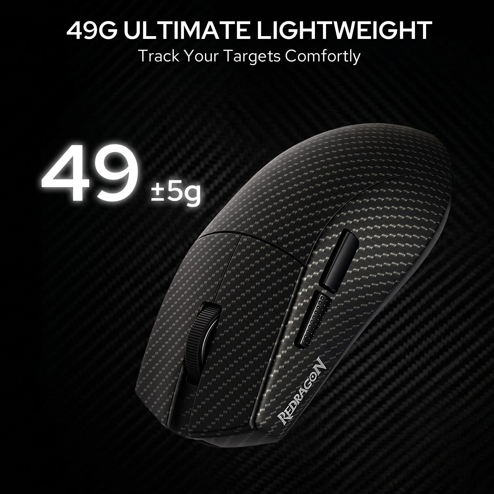 Redragon M916 Plus Carbon Fiber Tri-Mode Gaming Mouse, 49G Ultra-Light 45K DPI Mouse w/Ergonomic Natural Grip Build, Full Programmable Buttons, Software Supports DIY Keybinds & DPI