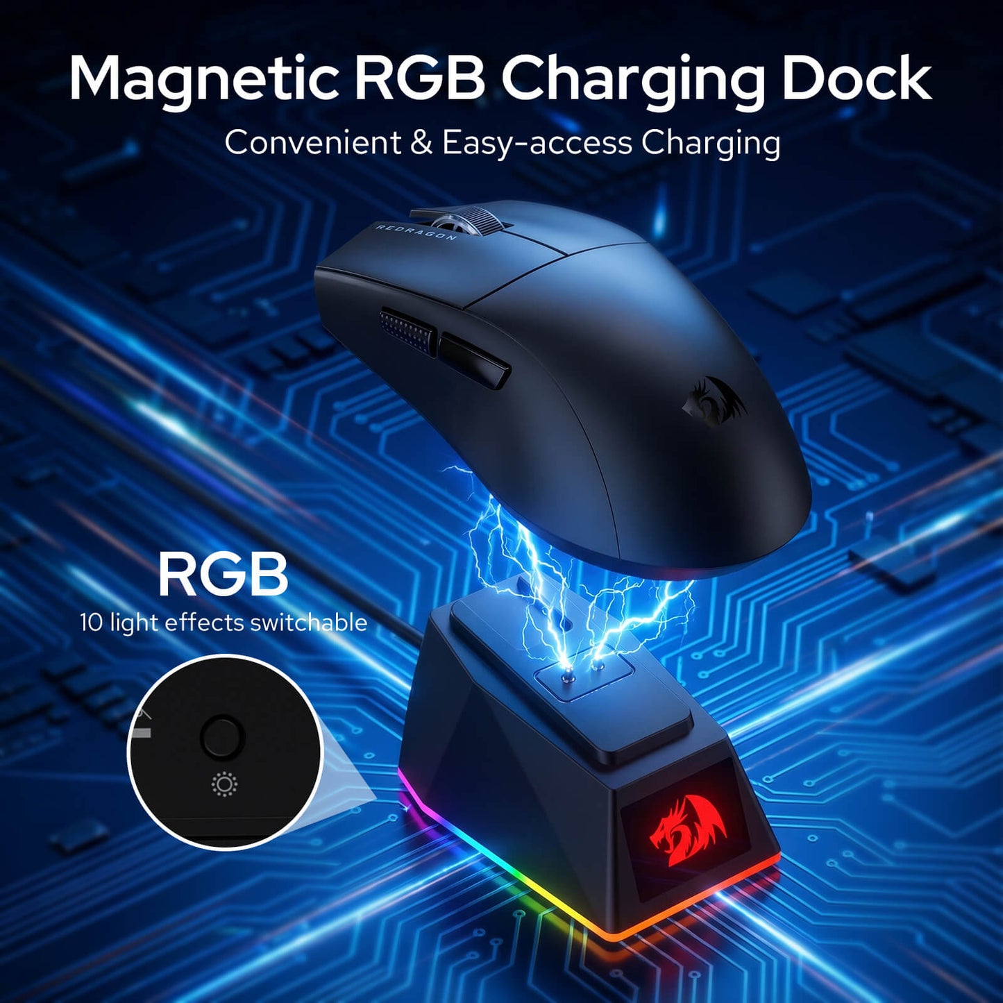 Redragon M999 Wireless Gaming Mouse, Tri-Mode Mouse with RGB Magnetic Charging Dock, 45000 DPI MAX Adjustable, 4 Programmable Buttons, Ergonomic Design for PC Laptop Mac