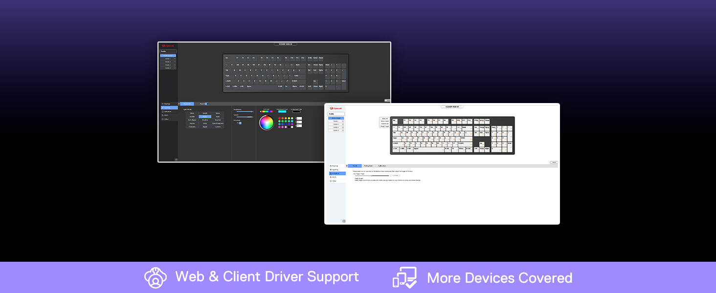 Computer screens displaying software interfaces with a dark purple background.