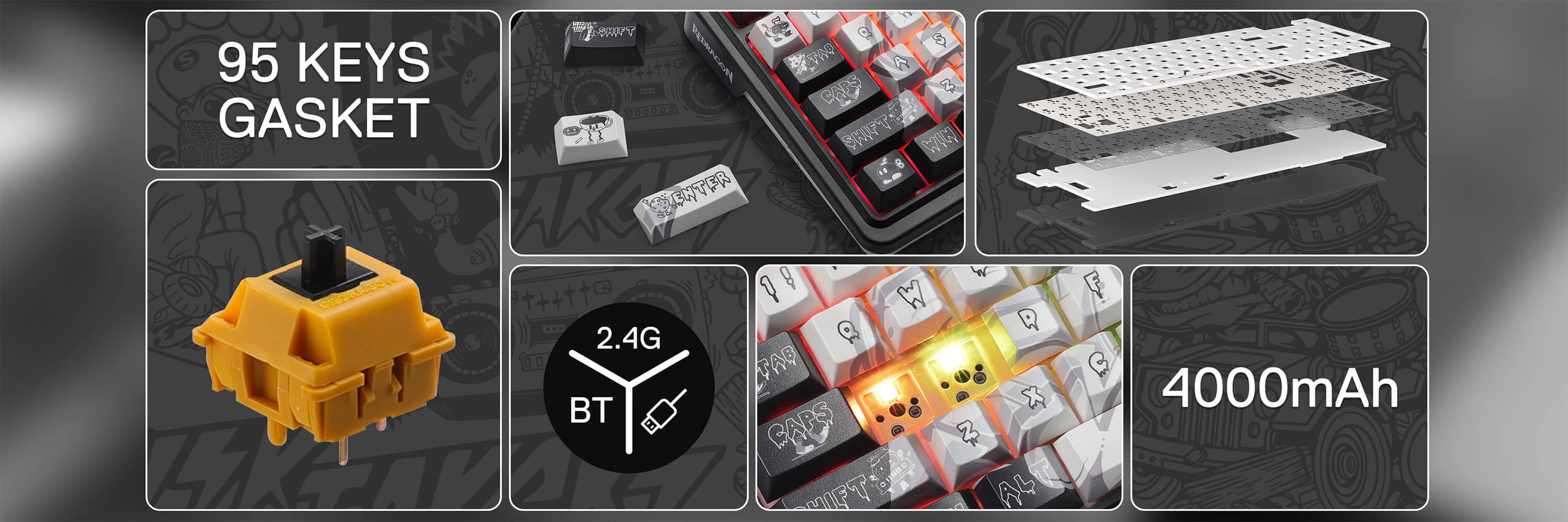 Keyboard components and features with text labels on a dark background