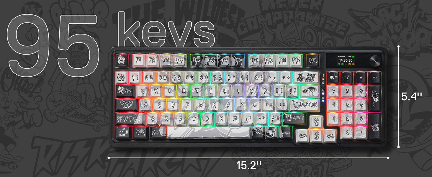 Keyboard with colorful keycaps and measurements on a dark background