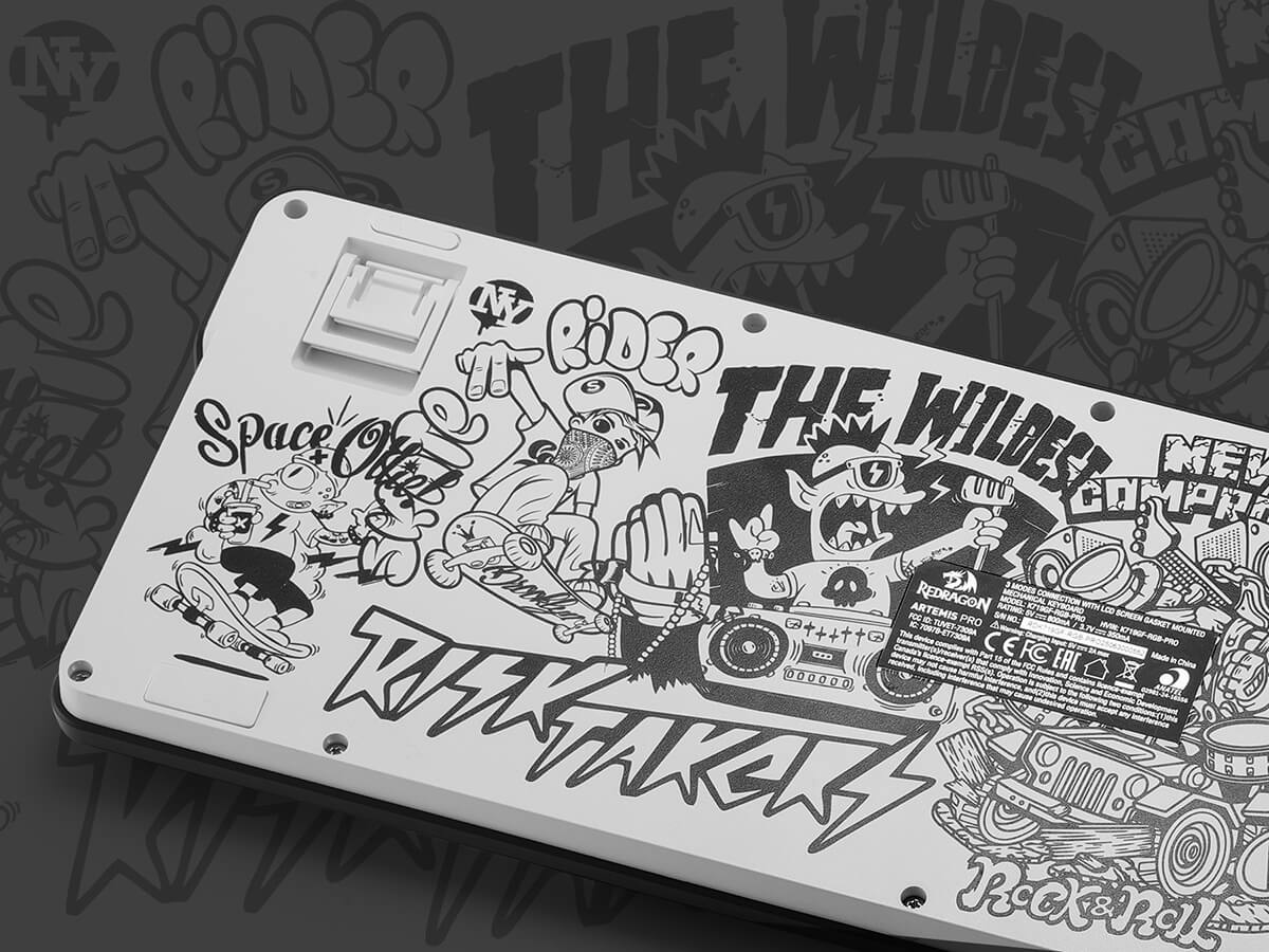 Decorative license plate with cartoon characters and text on a dark background