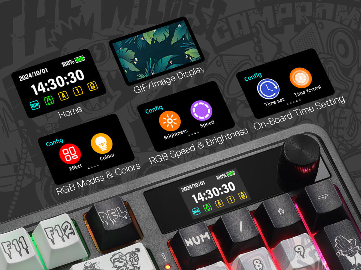 Close-up of a computer keyboard with digital display and control buttons on a dark background.