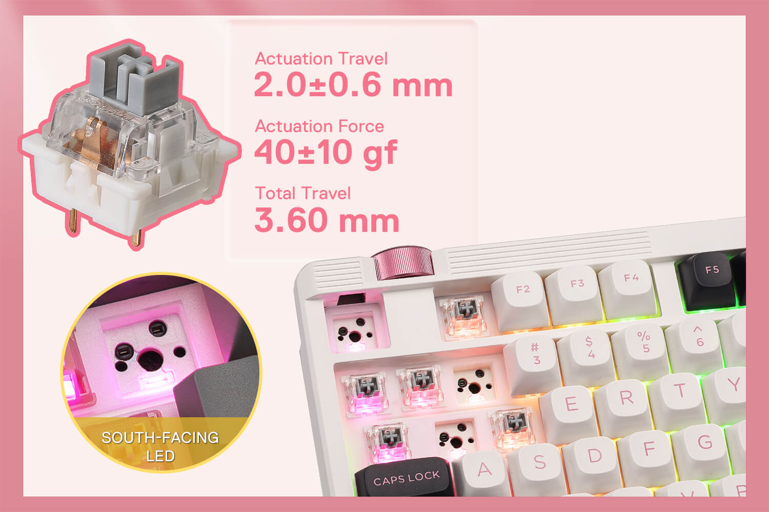 Mechanical keyboard switch with specifications on a pink background