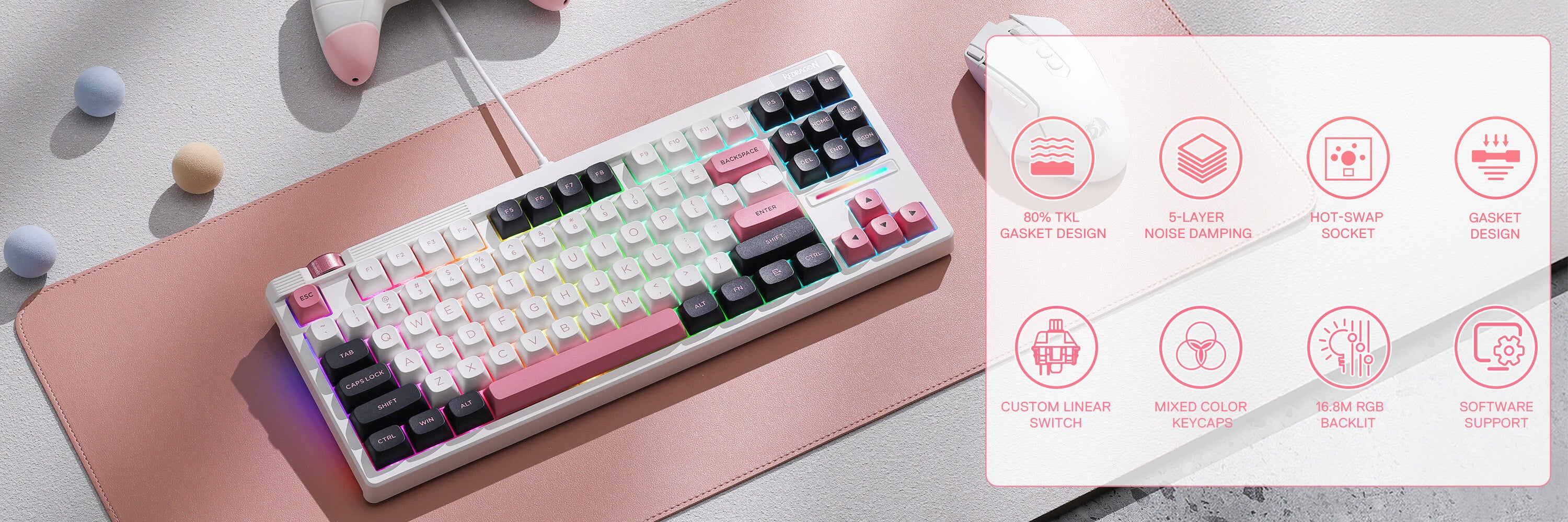 Redragon Mechanical keyboard on a pink surface with product features listed on a card.