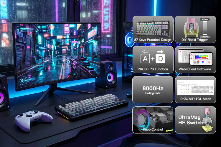 Gaming setup with monitor, keyboard, and controller on a desk with neon lights.