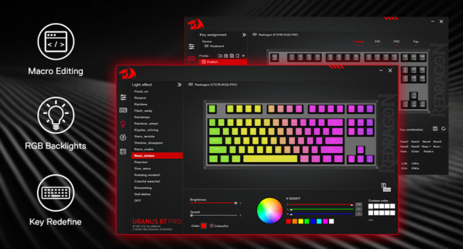Software interface for configuring a gaming keyboard with RGB backlighting options.