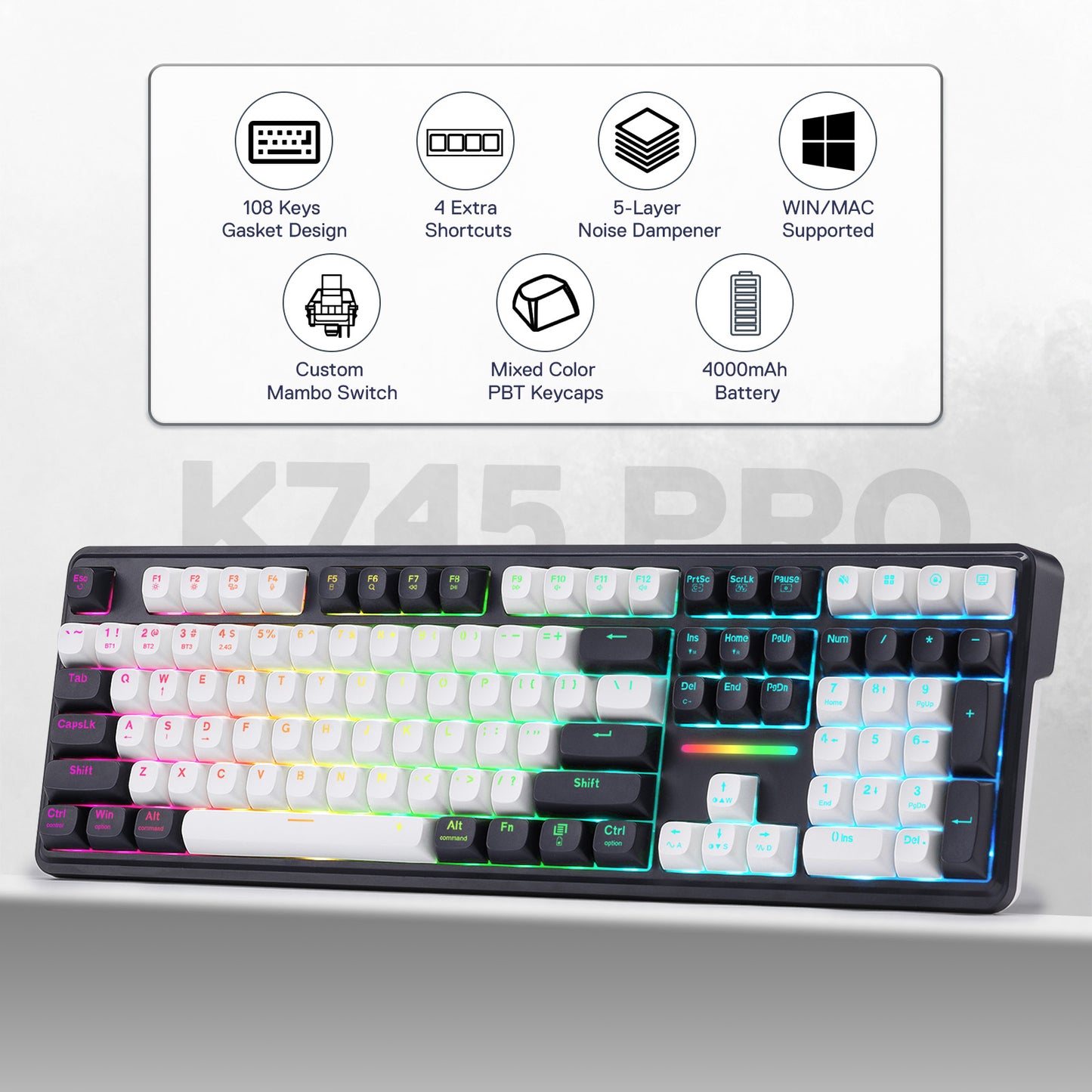 Redragon ANTONIUM K745 PRO 108 Keys Wireless Gasket Mechanical Keyboard, Black
