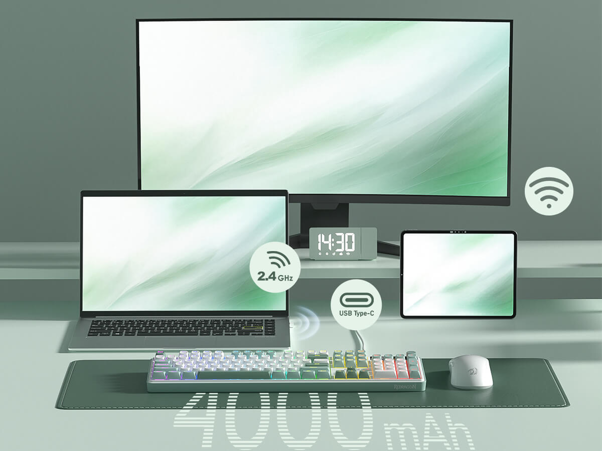Redragon advanced tri-mode connection technology, USB-C wired, BT 3.0/5.0 & 2.4Ghz wireless modes