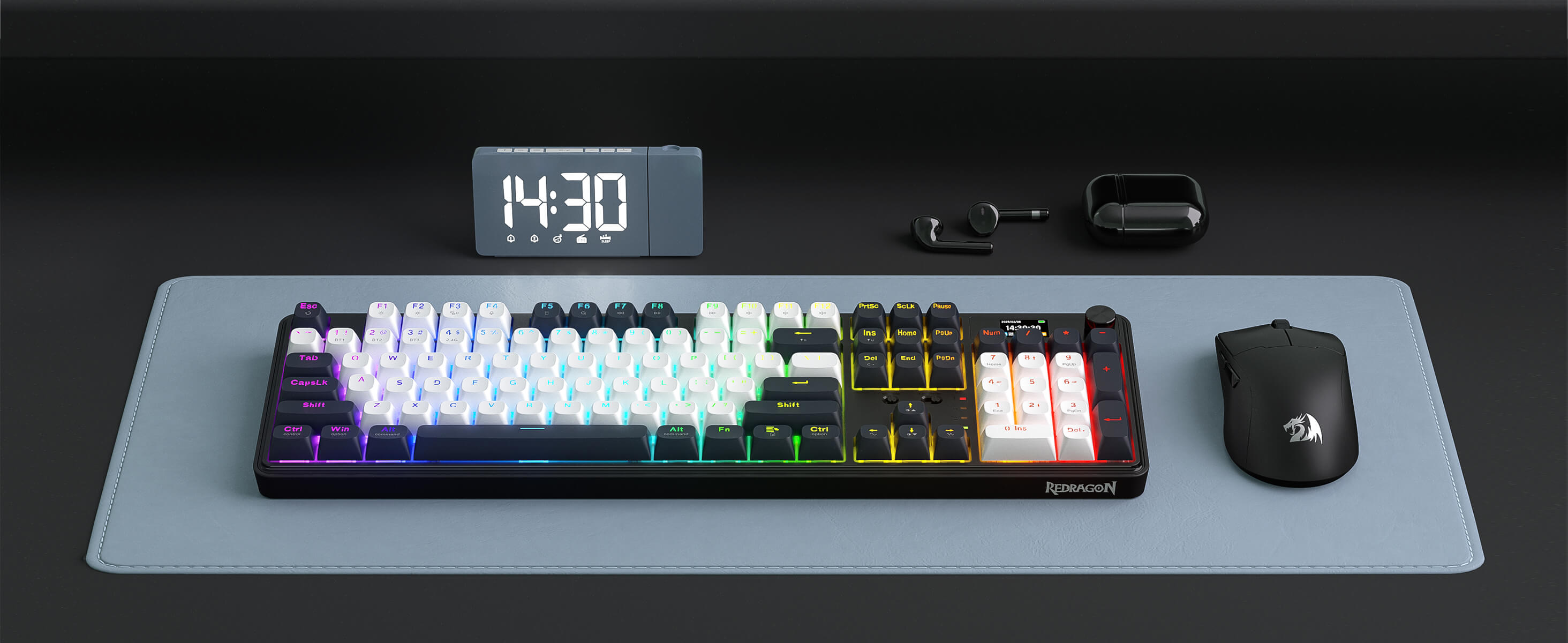 Keyboard with RGB lighting on a desk setup with a clock, mouse, and earbuds.