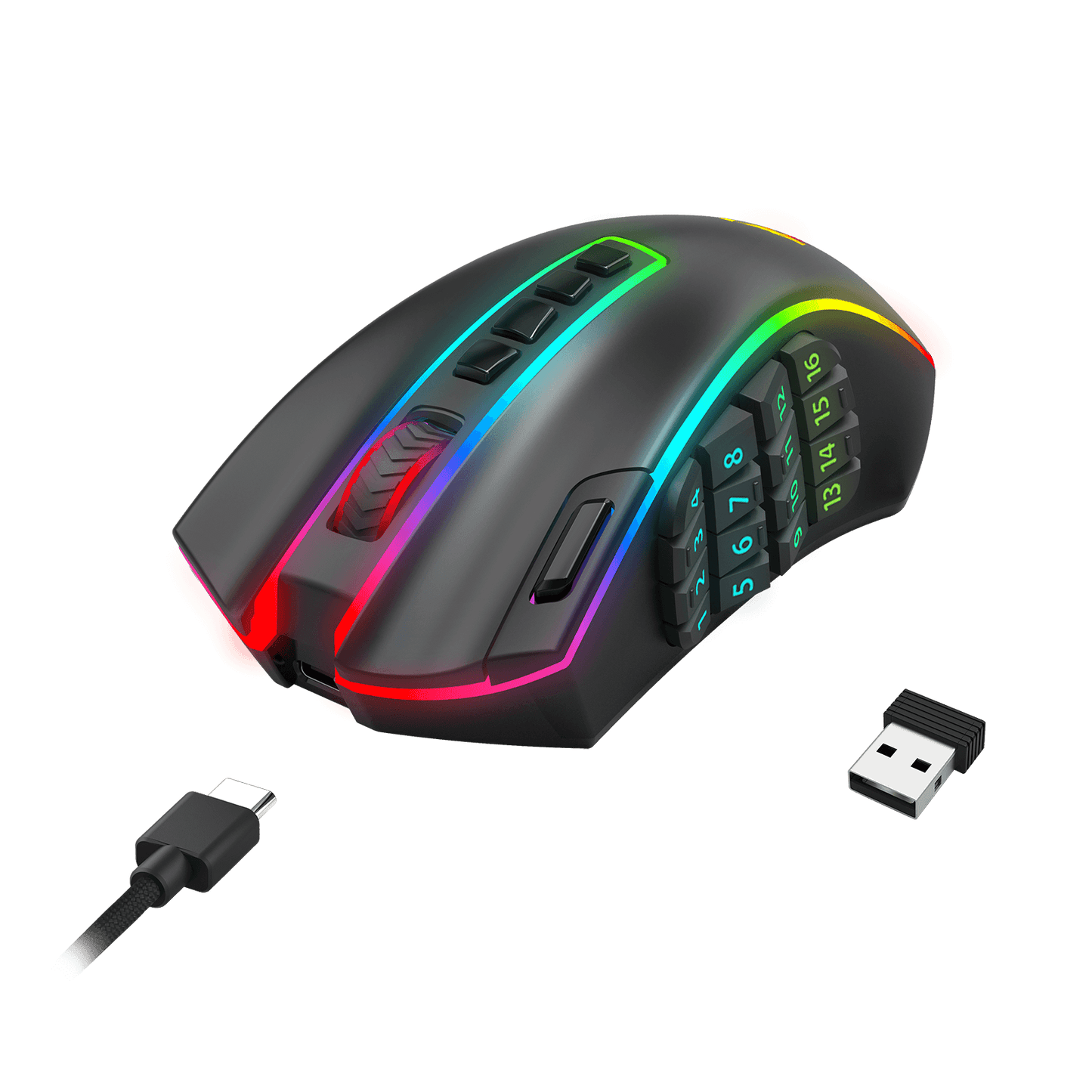 Redragon M990 MMO Wireless Gaming Mouse with RGB rainbow lighting, numeric keypad overlays, and a separate USB receiver