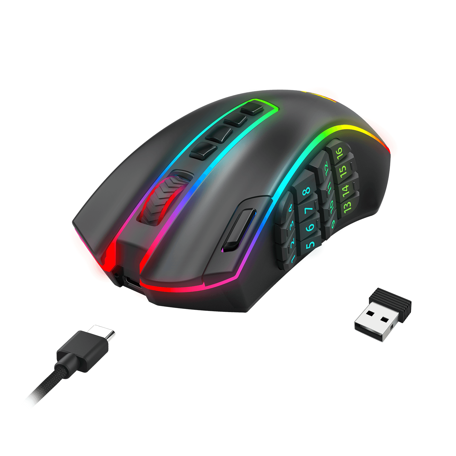 Redragon M990 MMO Wireless Gaming Mouse with RGB rainbow lighting, numeric keypad overlays, and a separate USB receiver