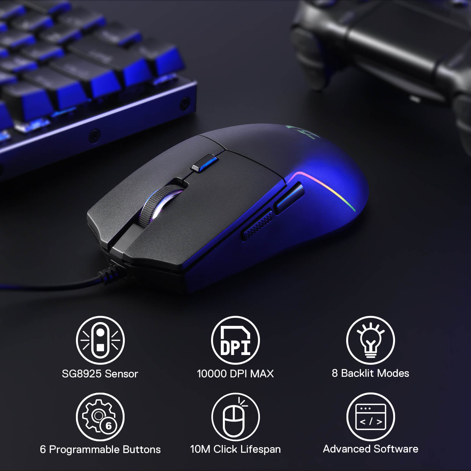 A black wired gaming mouse (with RGB backlighting) is shown next to a keyboard, with icons listing its features: SG8925 sensor, 10000 DPI, 8 backlit modes, 6 programmable buttons, 10M click lifespan, and advanced software.