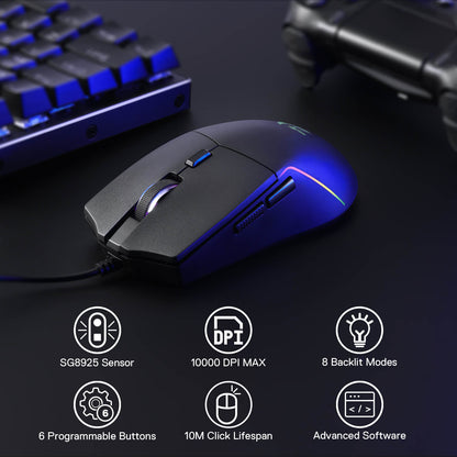 A black wired gaming mouse (with RGB backlighting) is shown next to a keyboard, with icons listing its features: SG8925 sensor, 10000 DPI, 8 backlit modes, 6 programmable buttons, 10M click lifespan, and advanced software.