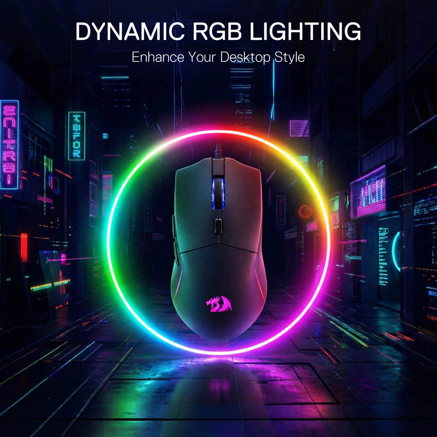 Dynamic RGB lighting enhances the desktop style, with the mouse surrounded by a vibrant RGB ring in a cyberpunk cityscape.