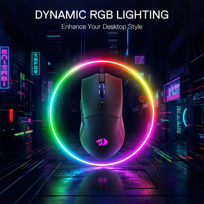 Dynamic RGB lighting enhances the desktop style, with the mouse surrounded by a vibrant RGB ring in a cyberpunk cityscape.
