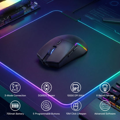 The mouse’s key features are highlighted: 3-mode connectivity, SG8925 sensor, 10000 DPI max, 6 backlight modes, 700mAh battery, 5 programmable buttons, 10M click lifespan, and advanced software.