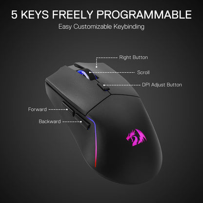 The 5 freely programmable keys are detailed, including right button, scroll, DPI adjust, forward, and backward buttons for easy customizable keybinding.