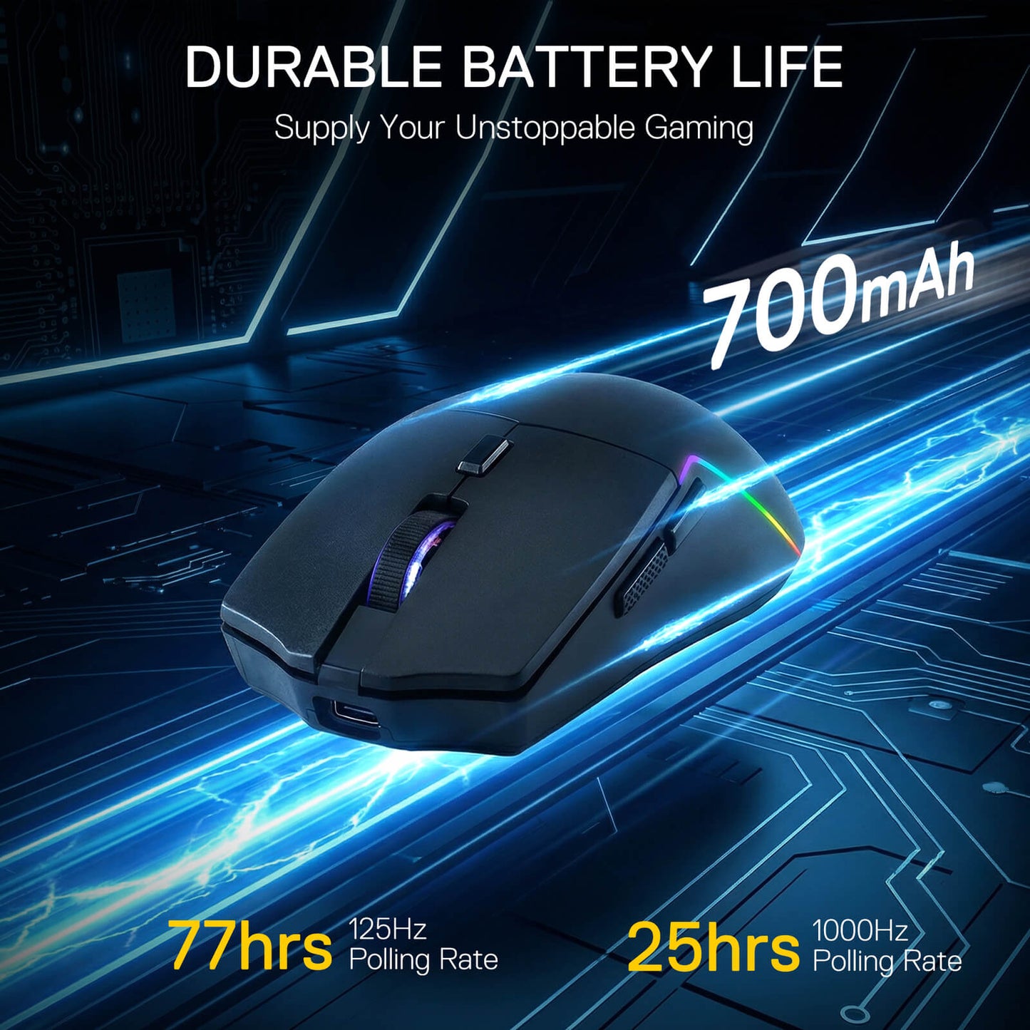 The Redragon M730 PRO mouse features a 700mAh battery, delivering 77 hours of use at 125Hz polling rate and 25 hours at 1000Hz for uninterrupted gaming.