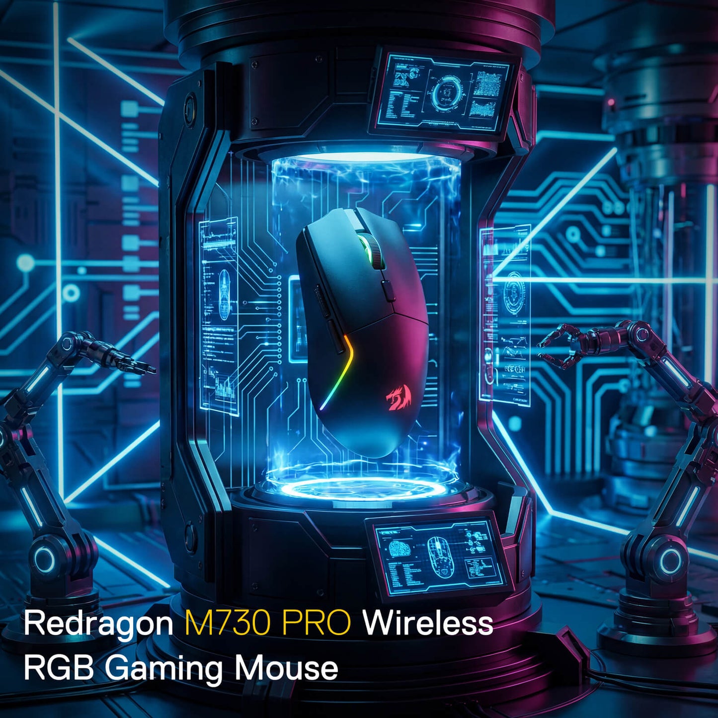 The Redragon M730 PRO wireless RGB gaming mouse is showcased in a futuristic sci-fi chamber, emphasizing its sleek design and RGB lighting.