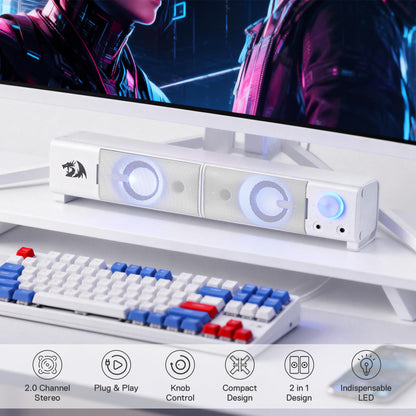 Redragon GS550 PC Gaming Speakers, 2.0 Channel Desktop Computer Sound Bar with Compact Maneuverable Size, Headphone Jack, Quality Bass & Decent Red Backlit, USB Powered w/ 3.5mm Cable, White
