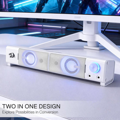 Redragon GS550 PC Gaming Speakers, 2.0 Channel Desktop Computer Sound Bar with Compact Maneuverable Size, Headphone Jack, Quality Bass & Decent Red Backlit, USB Powered w/ 3.5mm Cable, White