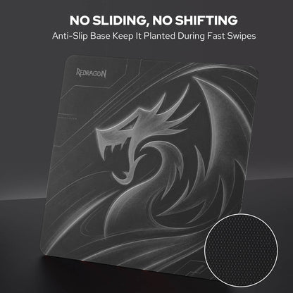 Redragon PG1M Glass Mouse Pad - 'NO SLIDING, NO SHIFTING' with a circular inset showing the textured anti-slip surface.