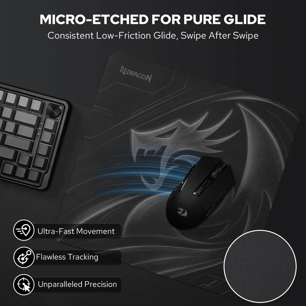 Redragon PG1M Glass Mouse Pad -  'Micro-etched for Pure Glide', 'Ultra-Fast Movement', 'Flawless Tracking', and 'Unparalleled Precision'.