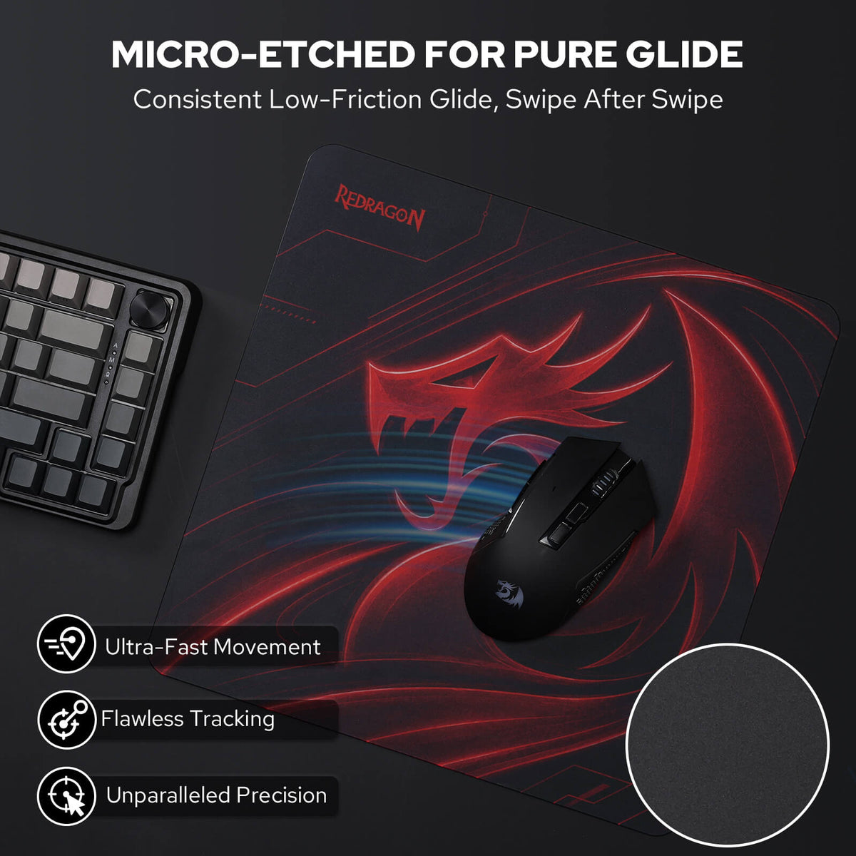 Redragon PG1M Glass Mouse Pad -  'Micro-etched for Pure Glide', 'Ultra-Fast Movement', 'Flawless Tracking', and 'Unparalleled Precision'.