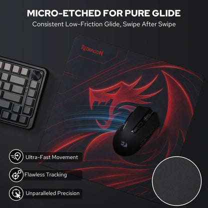 Redragon PG1M Glass Mouse Pad -  'Micro-etched for Pure Glide', 'Ultra-Fast Movement', 'Flawless Tracking', and 'Unparalleled Precision'.