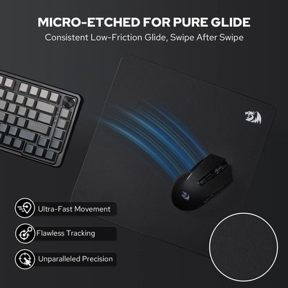 Redragon PG1M Glass Mouse Pad -  'Micro-etched for Pure Glide', 'Ultra-Fast Movement', 'Flawless Tracking', and 'Unparalleled Precision'.