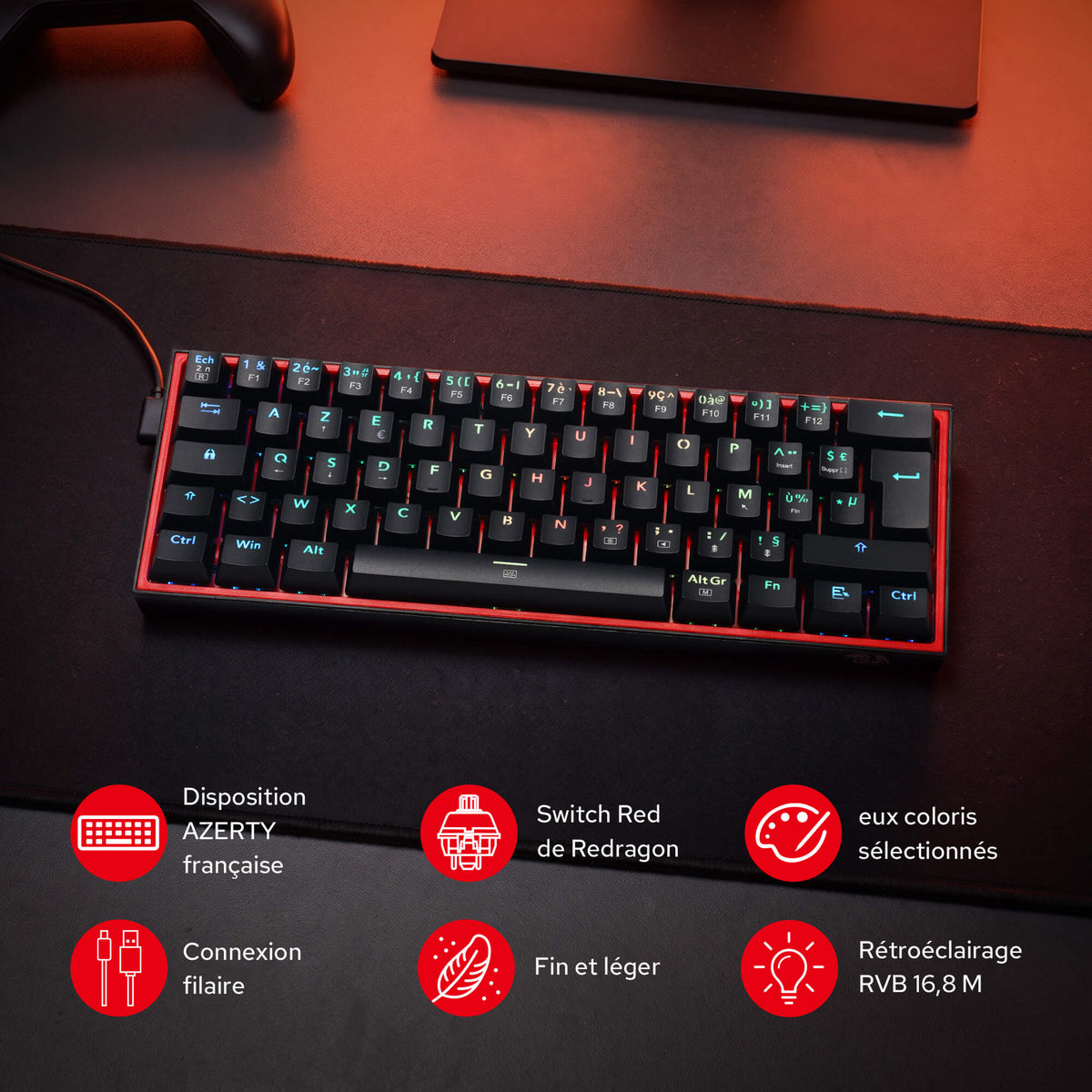  Redragon CB201  AZERTY Kabelgebunden Gaming‑Combo 60%‑Compact‑Layout Hot‑Swap RGB‑Modi, 5 DPI‑Stufen 8000 DPI, 11 programmierbare Maustasten, Makro‑Schnellfeuer‑Funktion, PRO‑Software