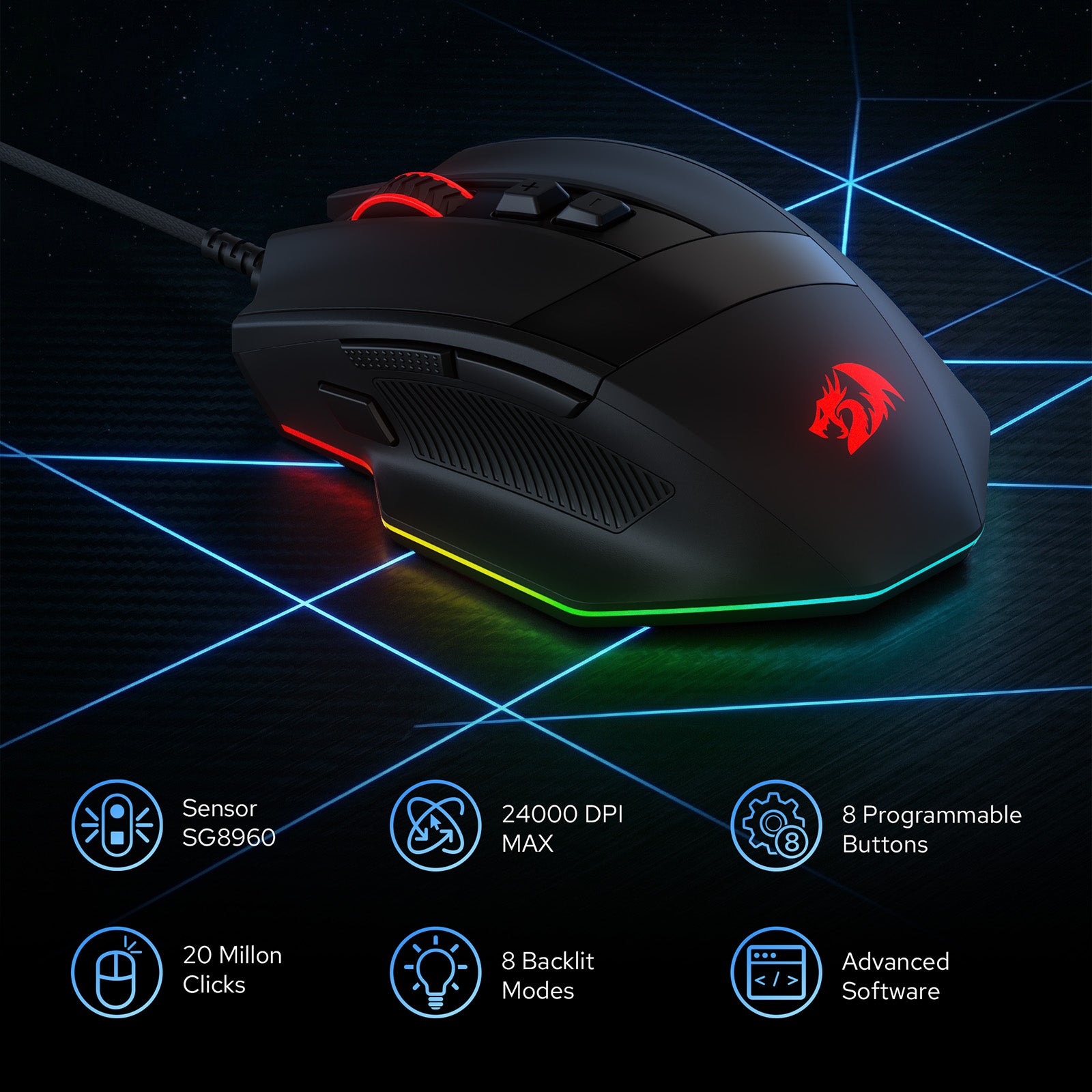 Redragon M923 Gaming Mouse, RGB, Wired, Black 