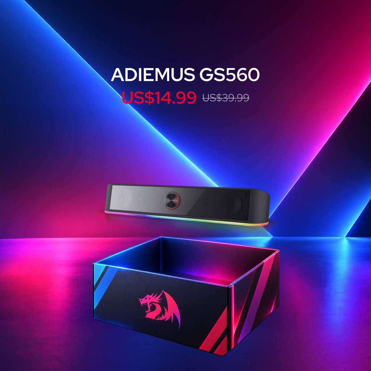 Redragon Mystery Box with randomly selected open-box products,  $14.99 Audio Box, Two black Anvil GS520 desktop towers displayed on top of their retail box, with promotional text showing USD$14.99 and a crossed-out USD$34.