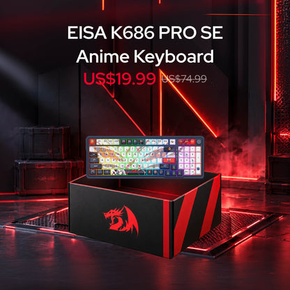 Redragon Mystery Box with randomly selected open-box products,  $19.99 Keyboard Box, EISA K686 Pro SE anime keyboard displayed on top of its black and red branded box in a dark, atmospheric studio setup with red neon lighting and text overlay showing the product name and pricing.
