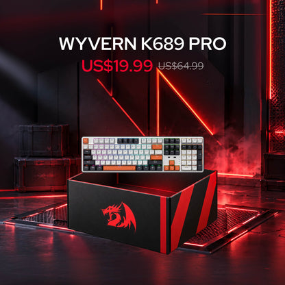 Redragon Mystery Box with randomly selected open-box products,  $19.99 Keyboard Box, A GALATIN PRO K719 mechanical keyboard with white keys and rainbow RGB backlighting, displayed on top of its black and red branded box in a dark gaming-themed studio setting with red neon lighting.