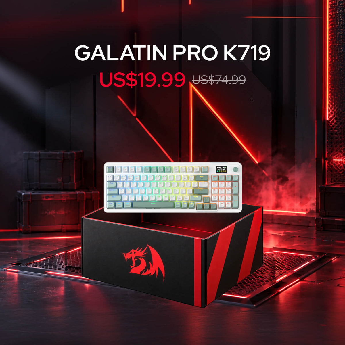 Redragon Mystery Box with randomly selected open-box products,  $19.99 Keyboard Box, ANTONIUM K745 PRO mechanical keyboard with RGB lighting resting on its black and red retail box, set against a dark gaming-themed background with red neon lights and smoke.
