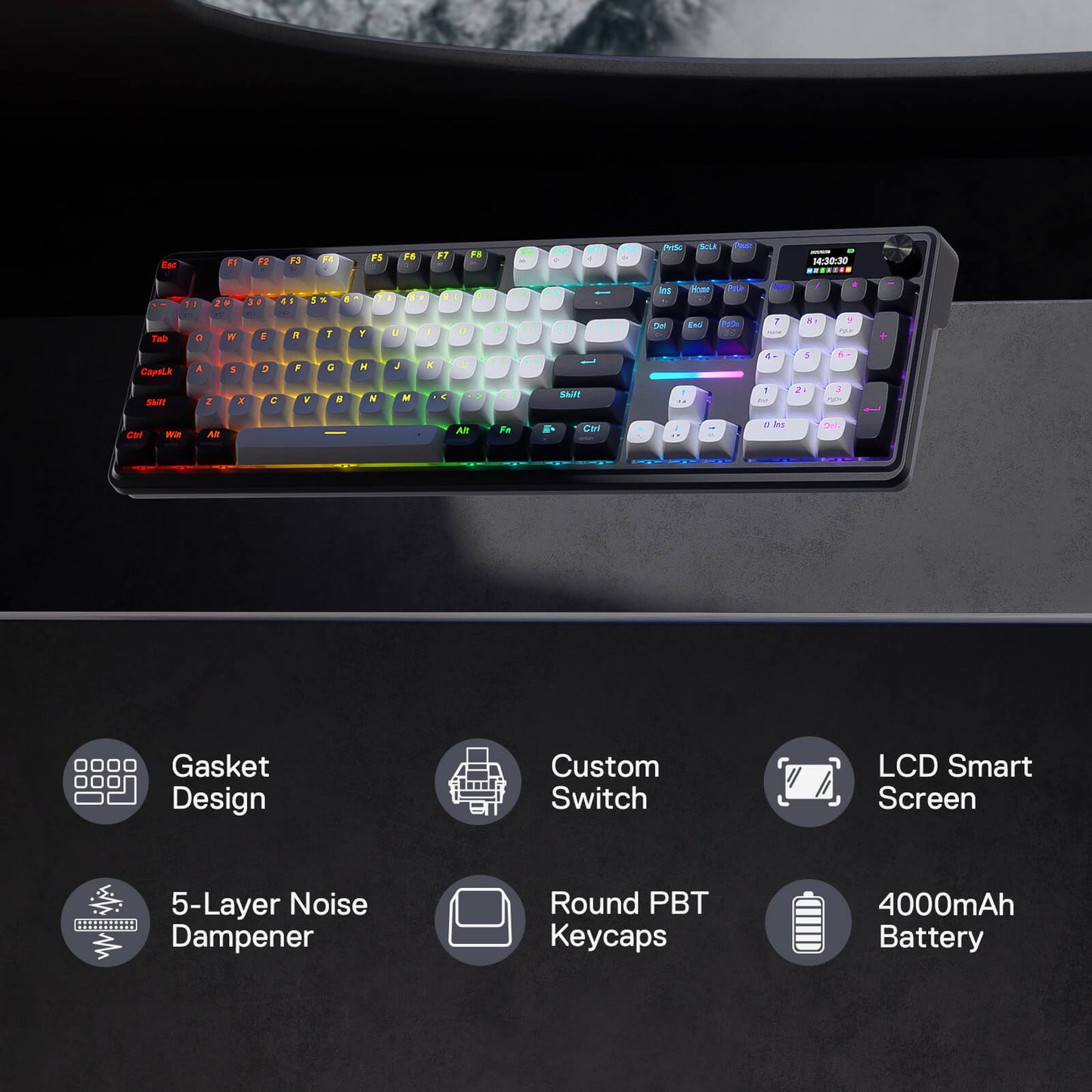 The Redragon K762 Pro keyboard is displayed with RGB backlighting, highlighting its key features: gasket design, custom switches, LCD smart screen, 5-layer noise dampener, round PBT keycaps, and 4000mAh battery.